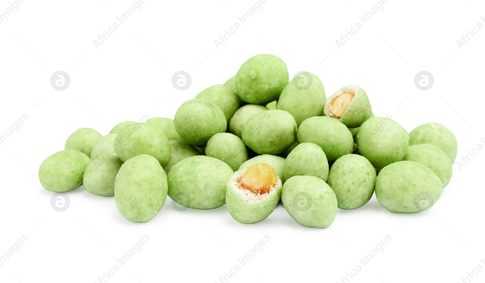 Photo of Pile of wasabi coated peanuts on white background