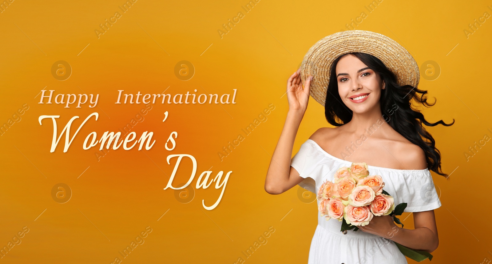 Image of Happy Women's Day, Charming lady holding bouquet of beautiful flowers on golden background