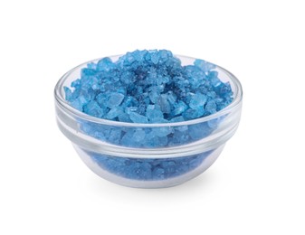 Photo of Glass bowl with blue sea salt isolated on white