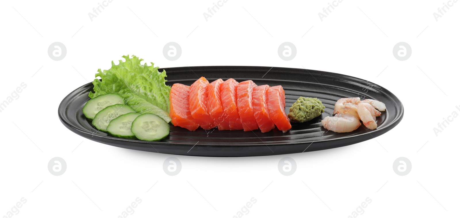 Photo of Tasty sashimi set (raw slices of salmon and shrimp) served with cucumber, lettuce and wasabi isolated on white