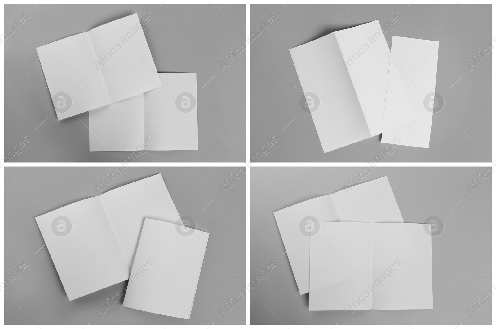 Image of Open blank brochures on grey background, top view. Collage