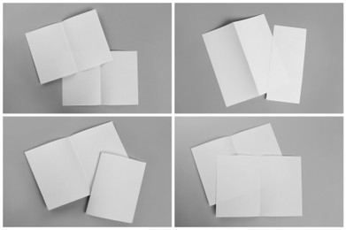 Open blank brochures on grey background, top view. Collage