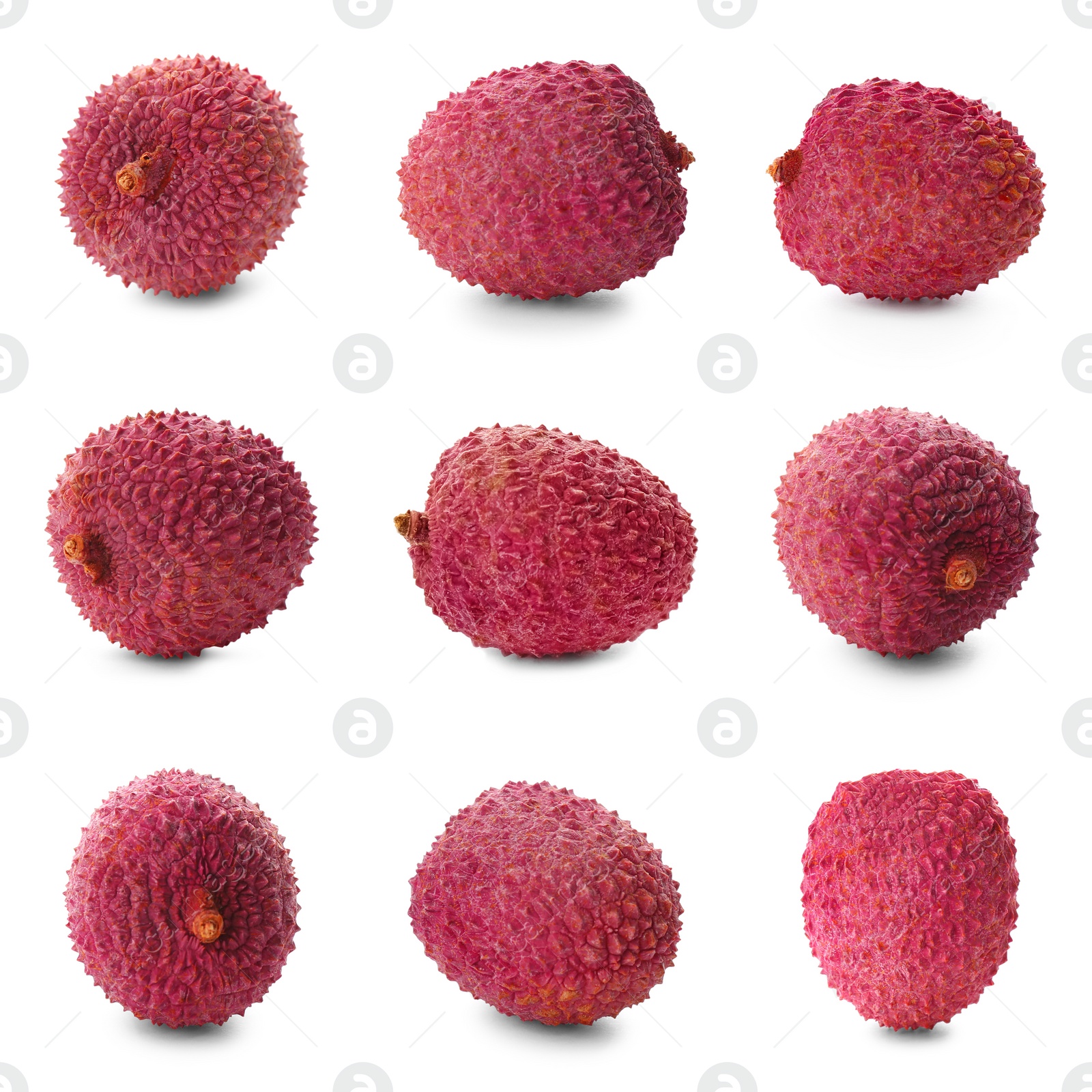 Image of Set with tasty ripe lychee fruits on white background