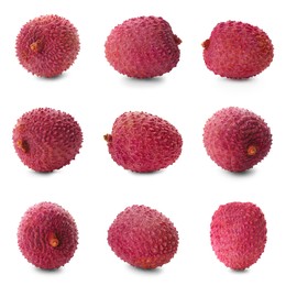 Image of Set with tasty ripe lychee fruits on white background