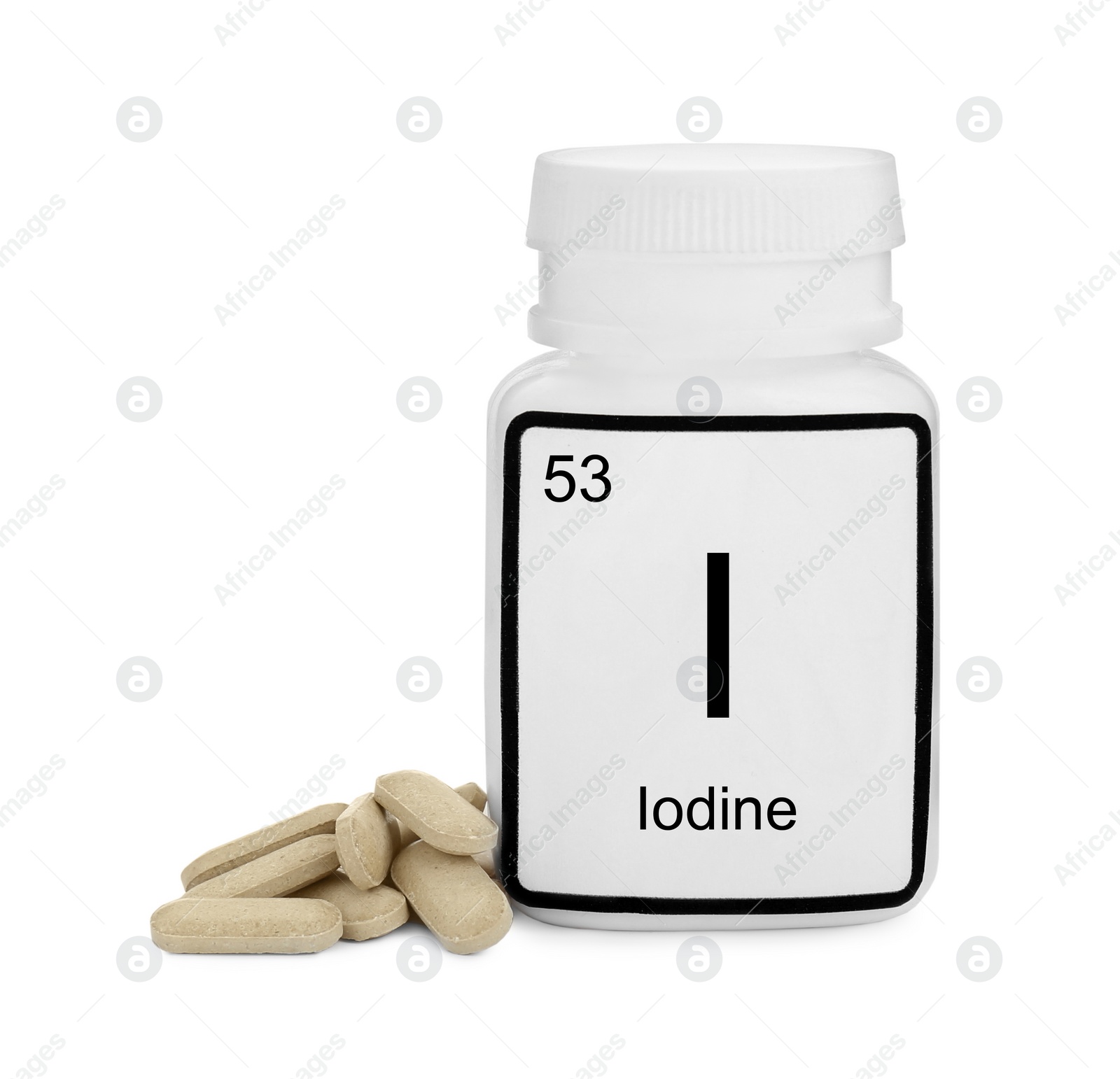 Photo of Plastic jar and iodine pills isolated on white