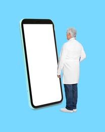 Image of Man in white coat standing in front of big smartphone on light blue background
