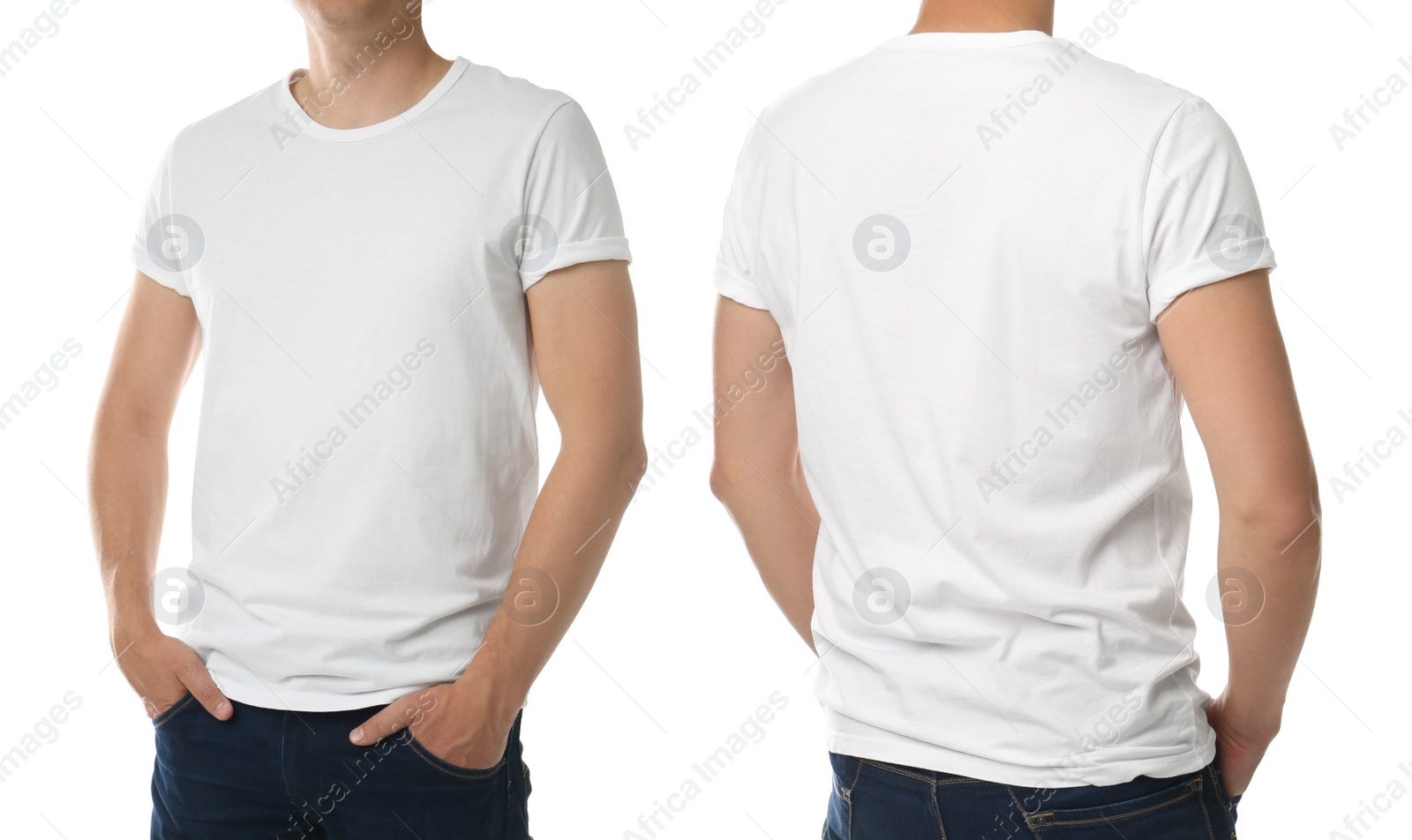 Image of Man in t-shirt on white background, closeup with back and front view. Mockup for design