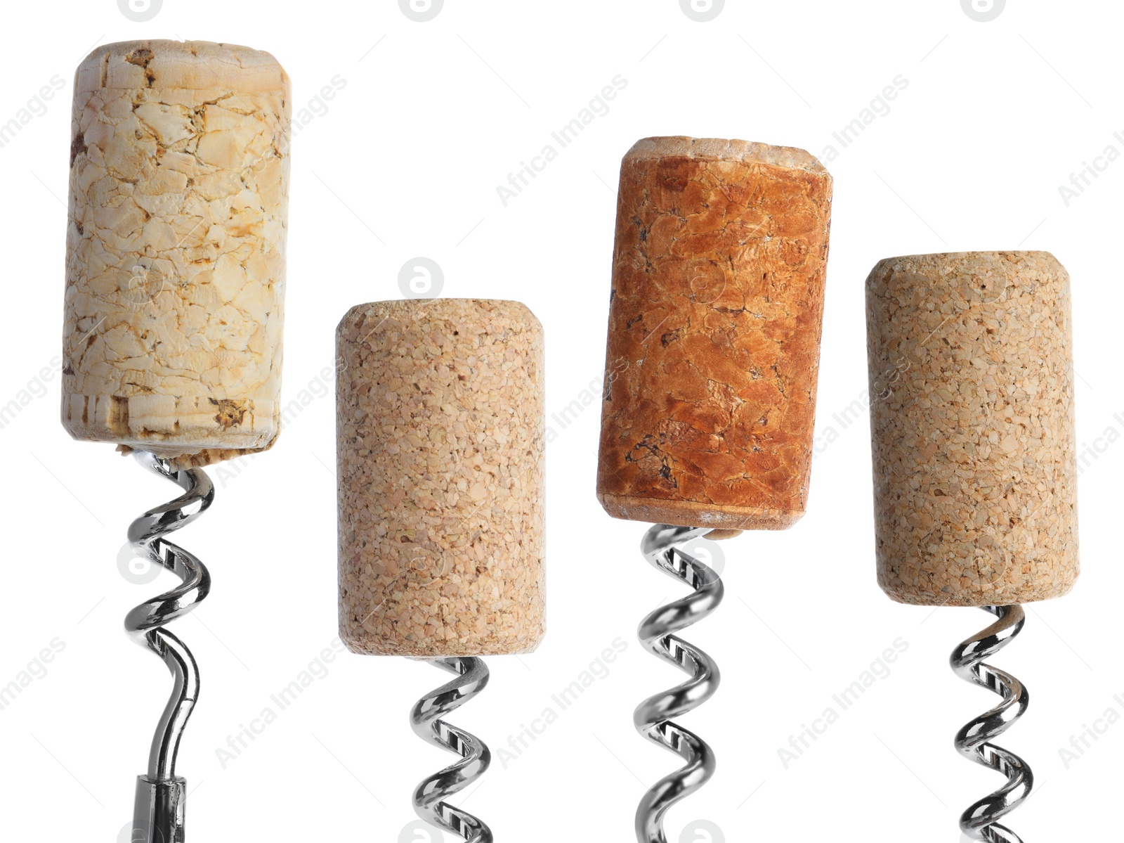 Image of Corkscrews with wine corks on white background