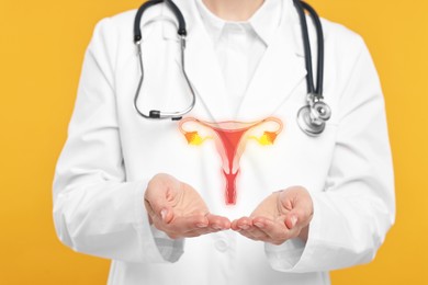 Image of Doctor and illustration of female reproductive system on orange background, closeup