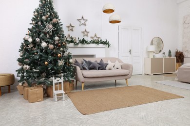 Living room interior with Christmas tree and festive decor