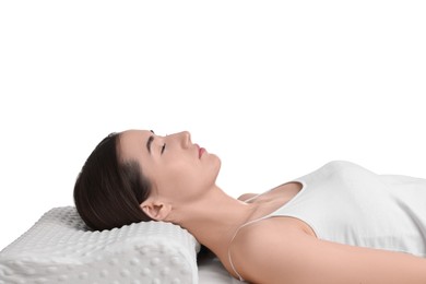 Photo of Woman sleeping on orthopedic pillow against white background