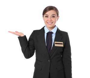 Portrait of female receptionist on white background