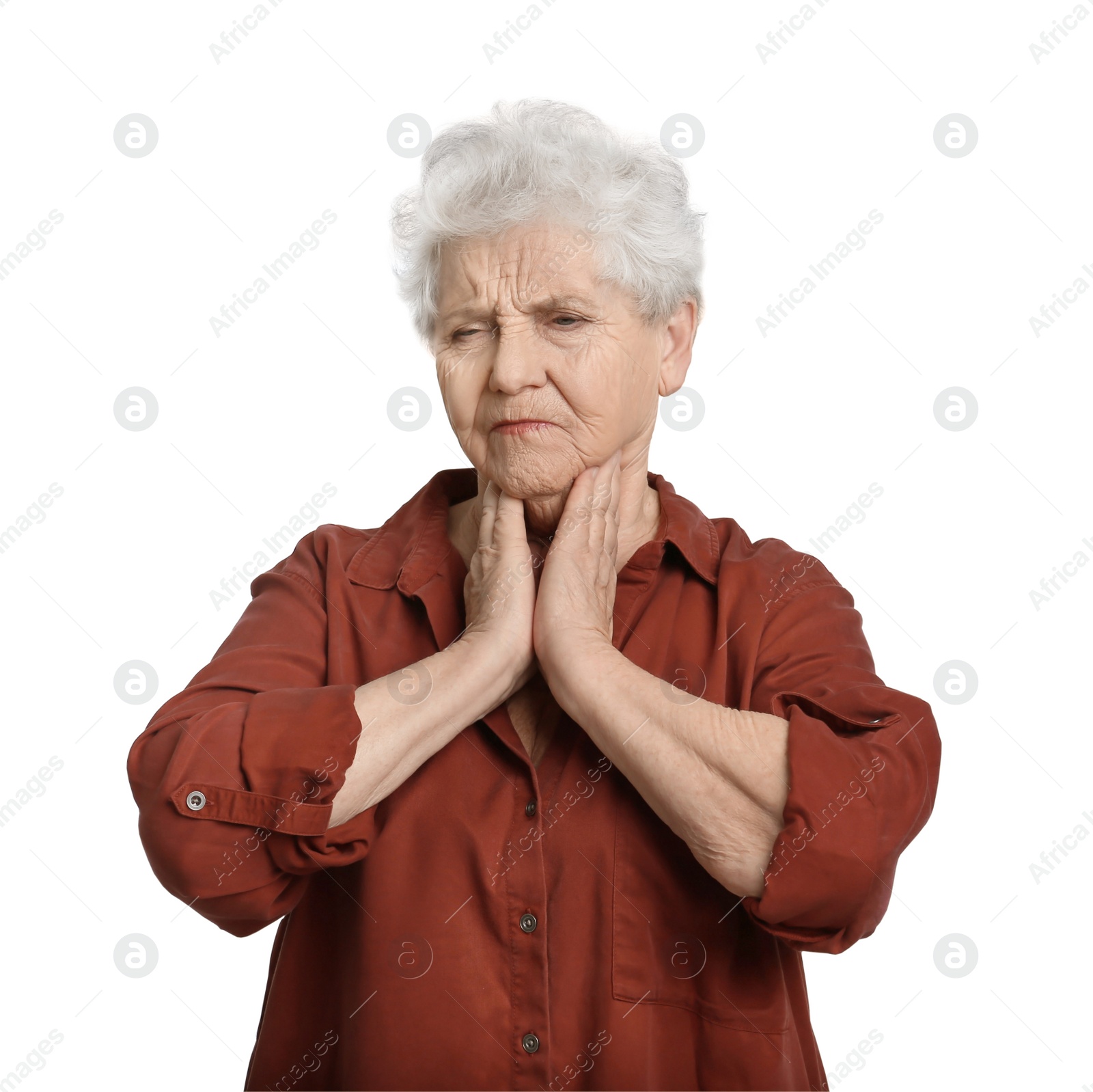 Photo of Elderly woman suffering from sore throat on white background