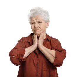 Elderly woman suffering from sore throat on white background