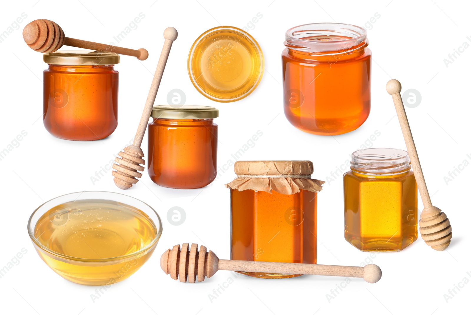 Image of Natural honey, glass jars and dippers isolated on white, set