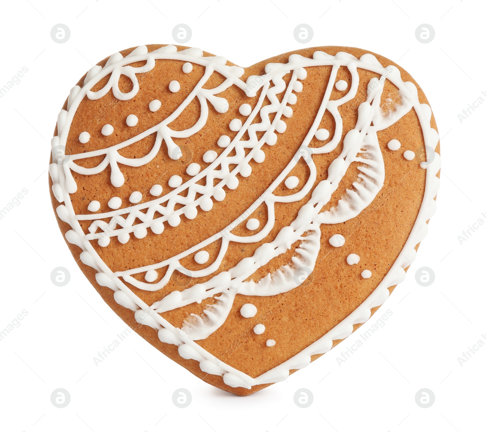 Photo of Gingerbread heart decorated with icing isolated on white