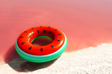 Inflatable ring at pink lake coast on sunny day