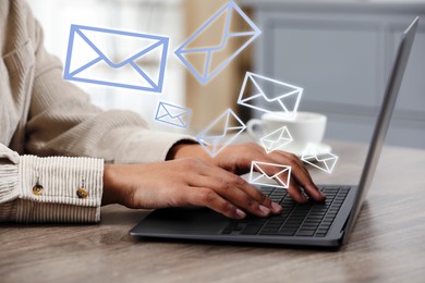 Image of Woman typing on laptop at table indoors, closeup. Many illustrations of envelope as incoming messages out of device