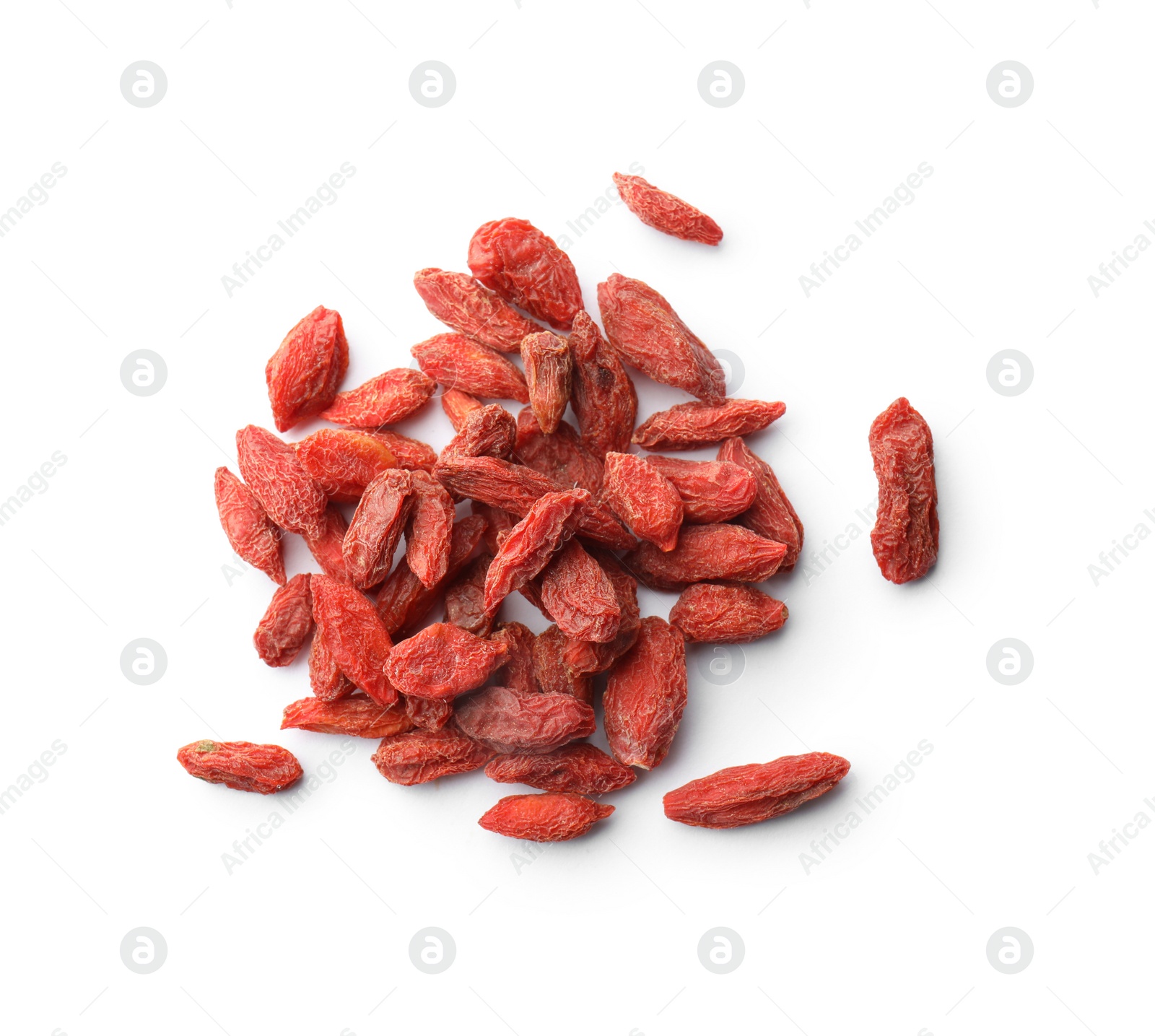 Photo of Pile of dried goji berries on white background, top view