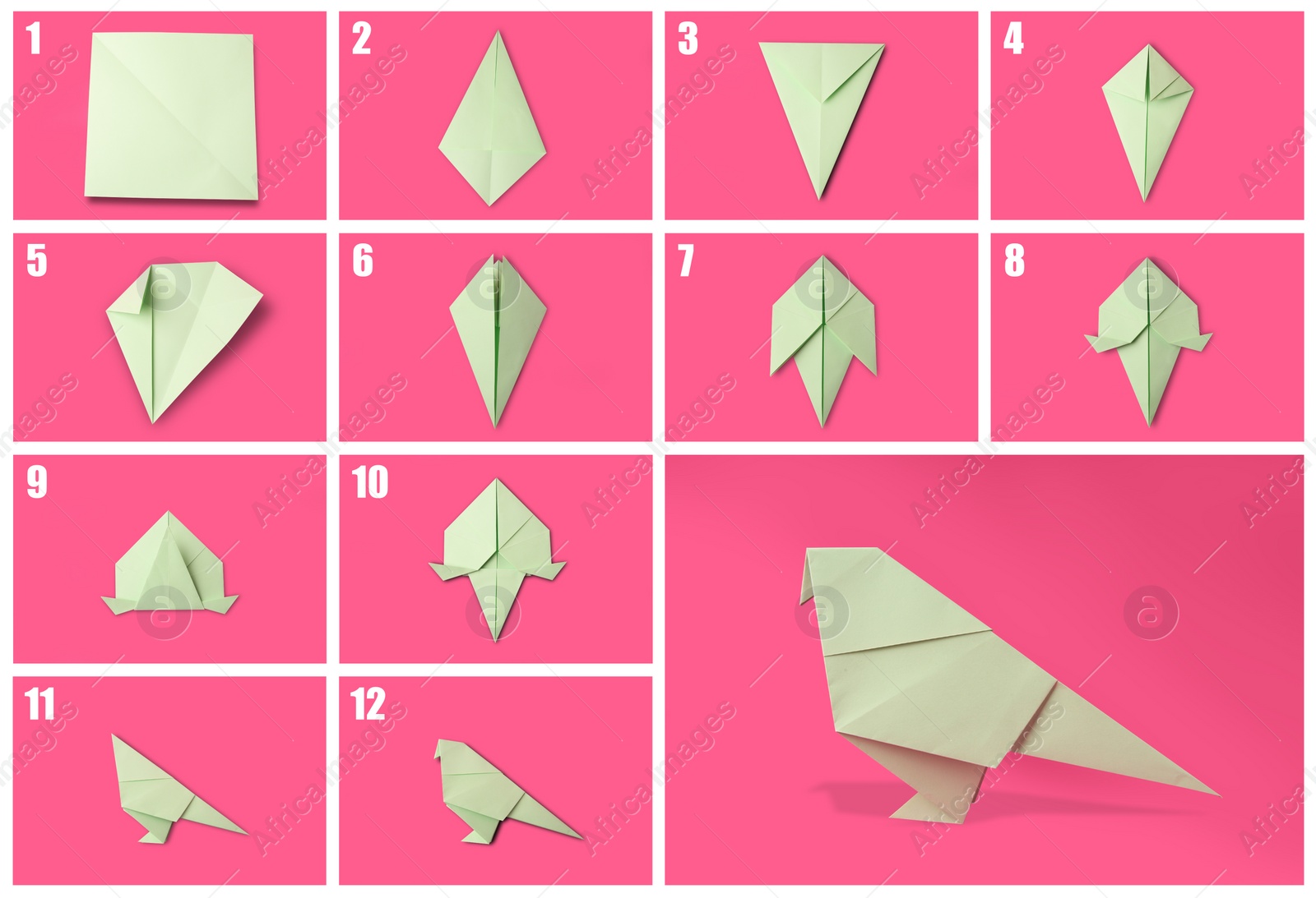 Image of Origami art. Making paper bird step by step, photo collage on pink background