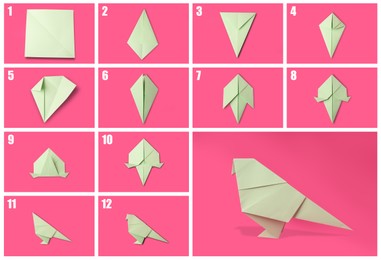 Origami art. Making paper bird step by step, photo collage on pink background