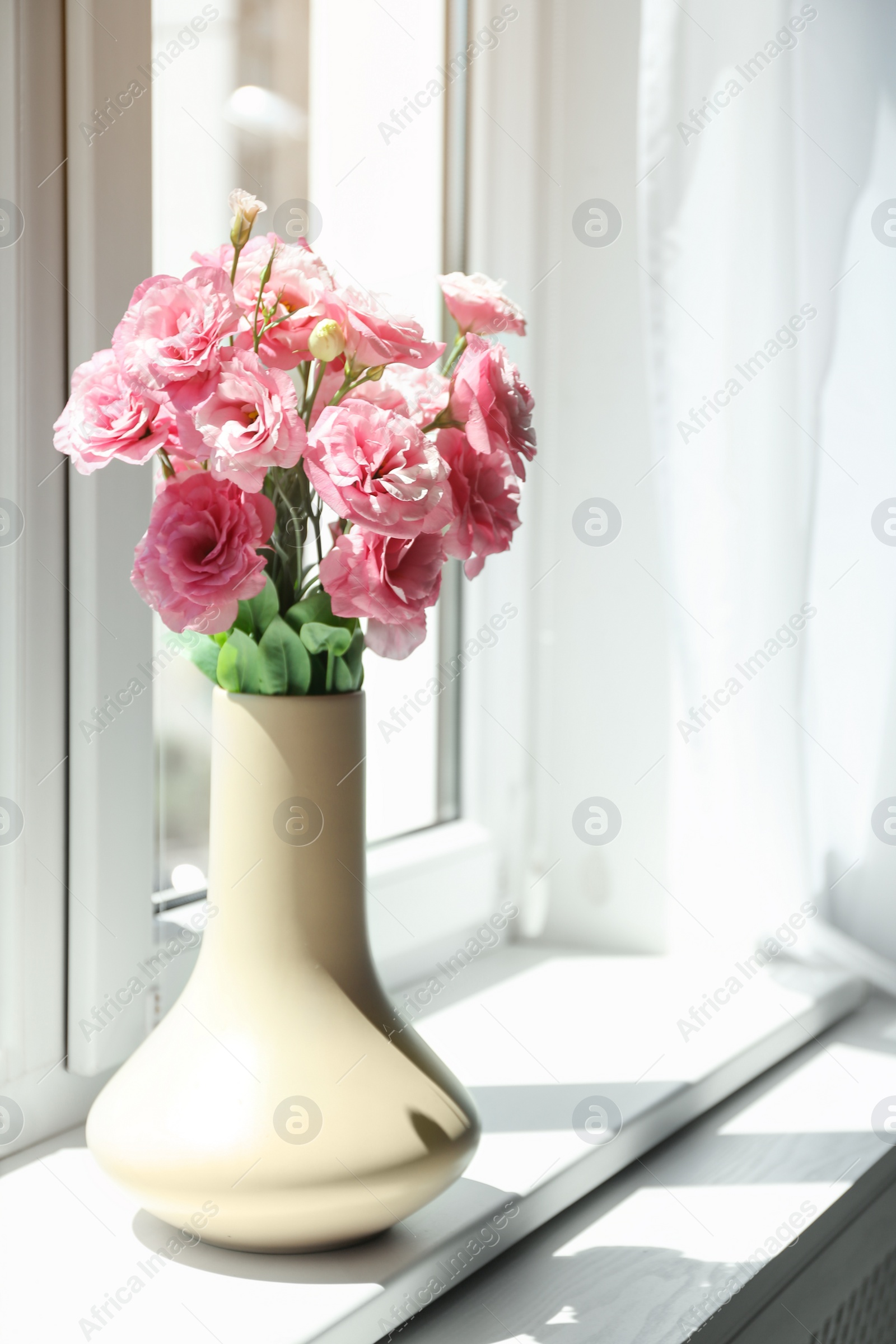 Photo of White vase with beautiful flowers on window sill in room