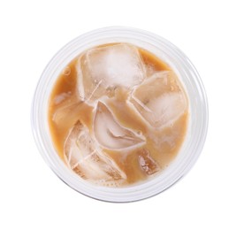 Photo of Plastic cup of fresh iced coffee isolated on white, top view