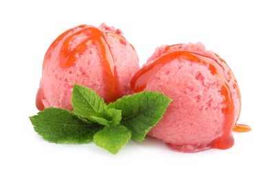 Photo of Scoops of delicious strawberry ice cream with mint and syrup on white background