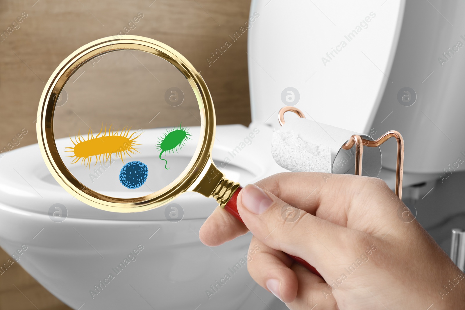 Image of Woman with magnifying glass detecting microbes on toilet bowl in bathroom, closeup  