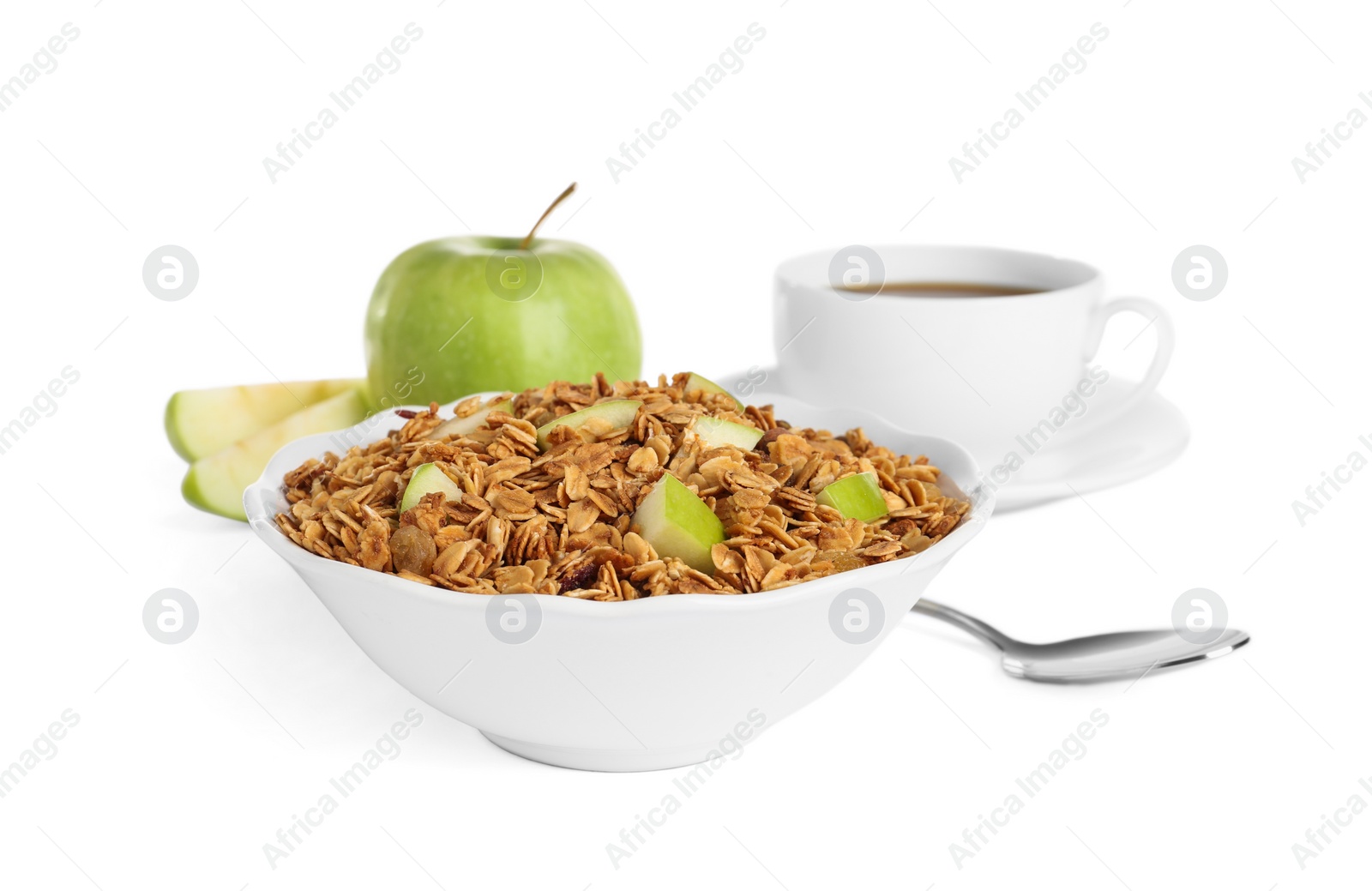 Photo of Tasty healthy breakfast with muesli on white background