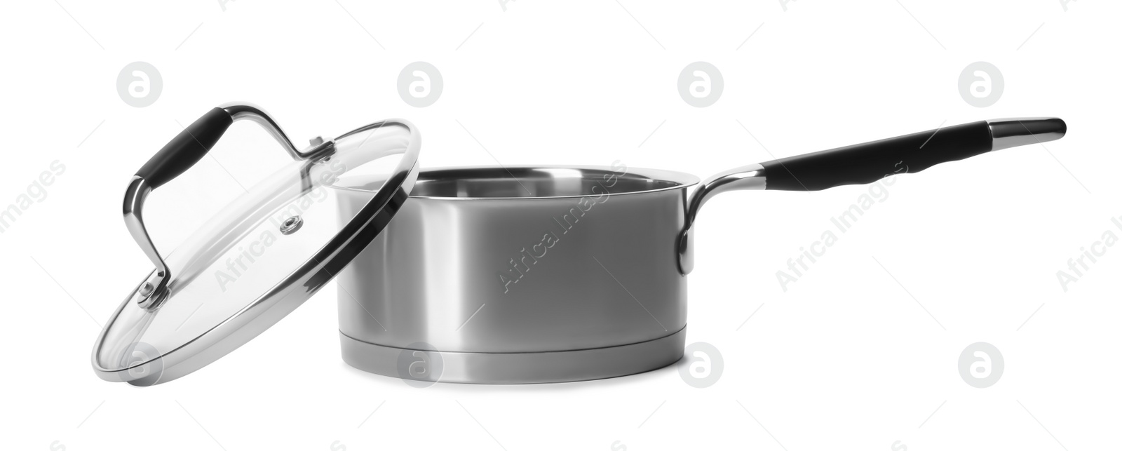 Photo of Empty modern steel saucepan with lid isolated on white