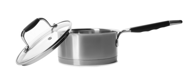 Photo of Empty modern steel saucepan with lid isolated on white