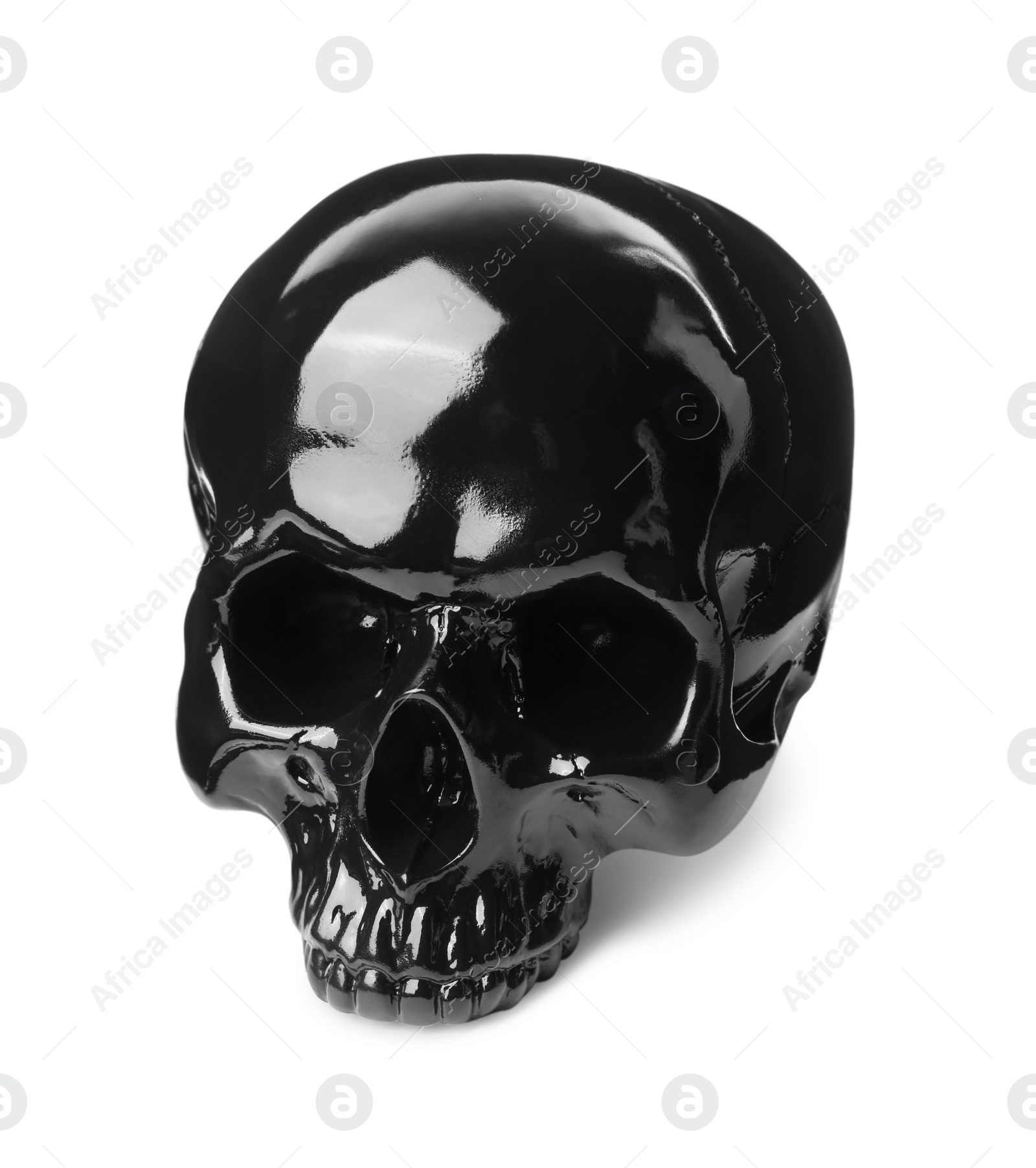 Photo of Black glossy human skull isolated on white