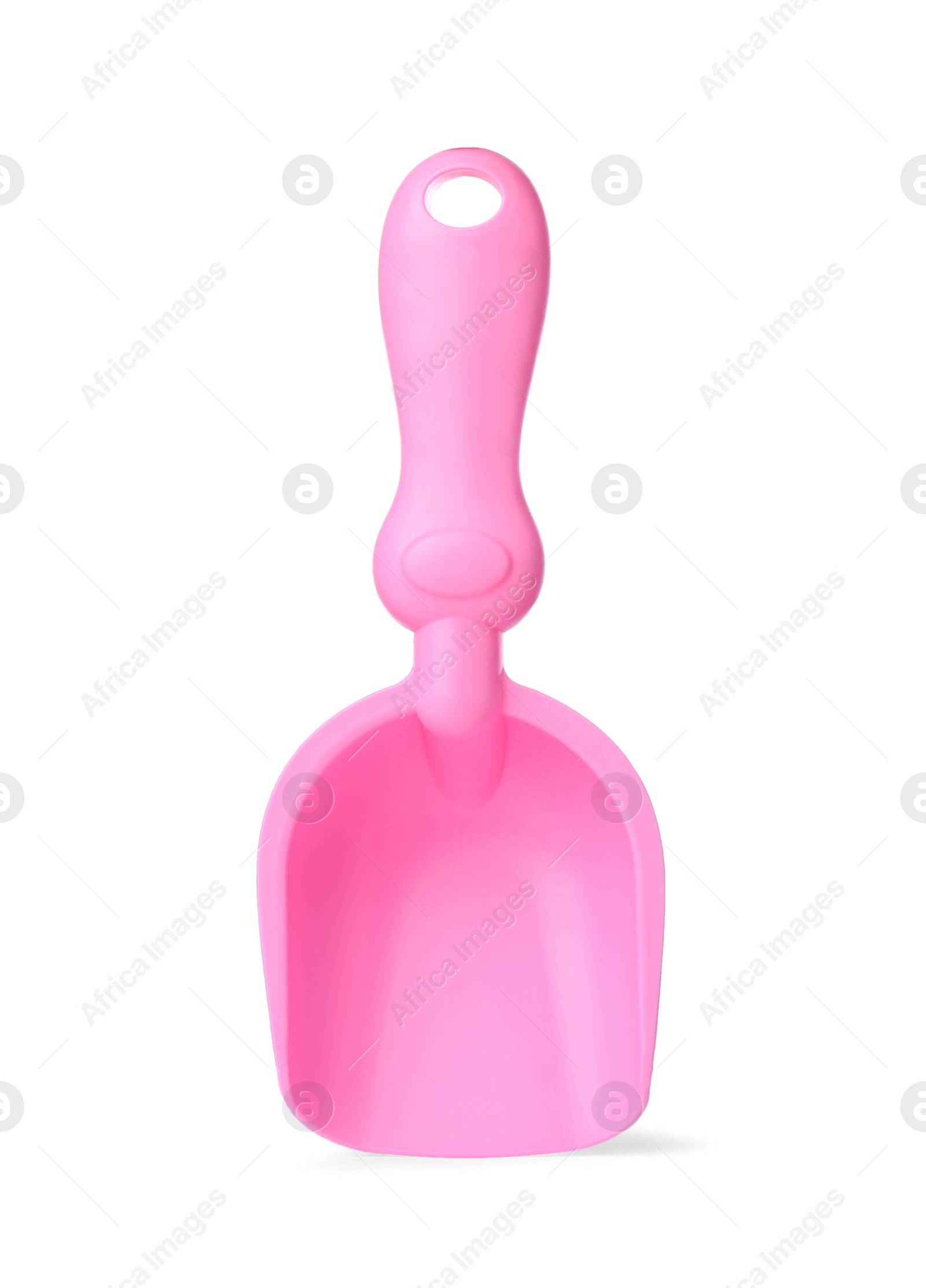 Photo of Pink plastic toy shovel isolated on white