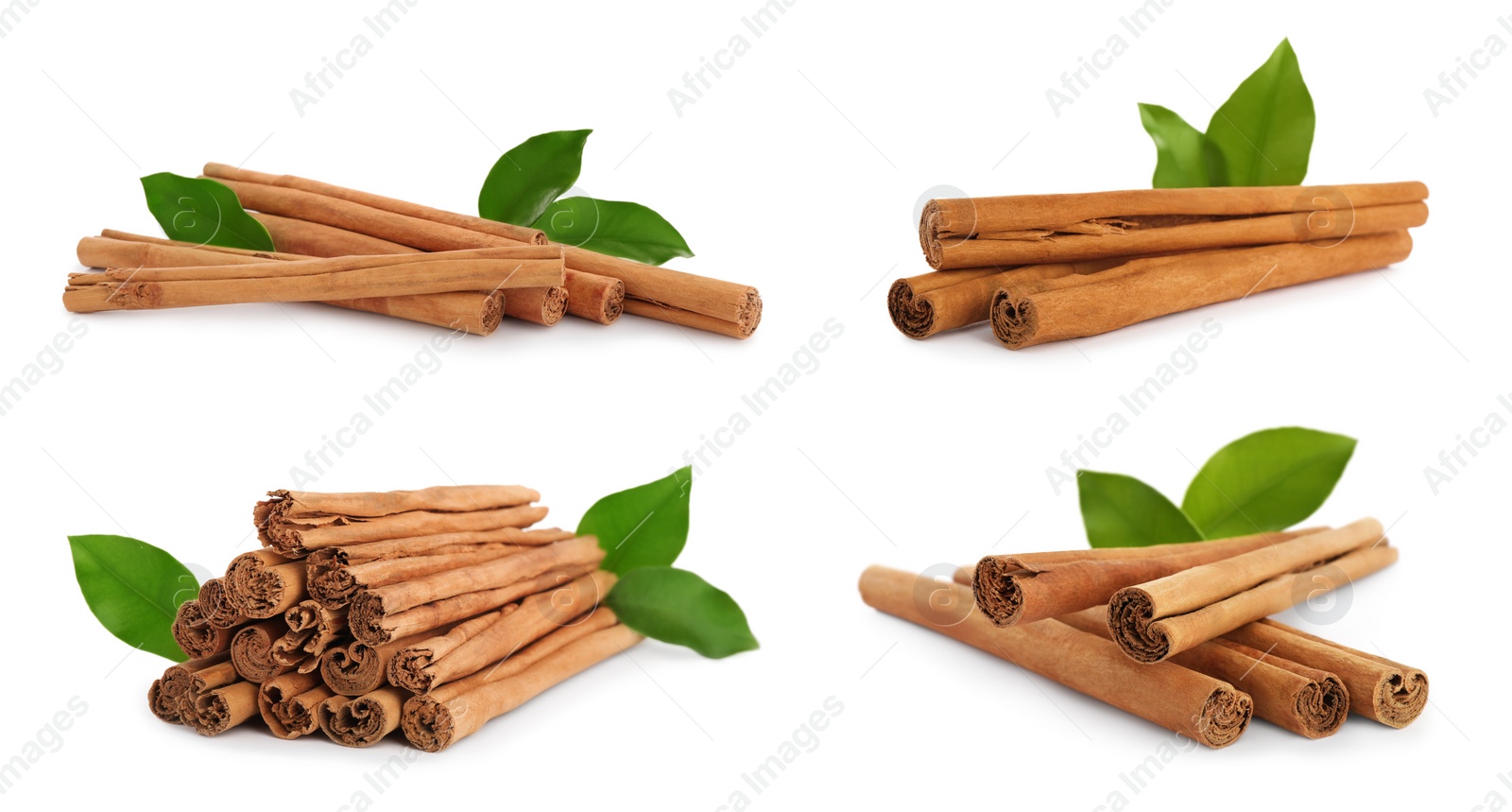 Image of Set with aromatic cinnamon sticks on white background, banner design