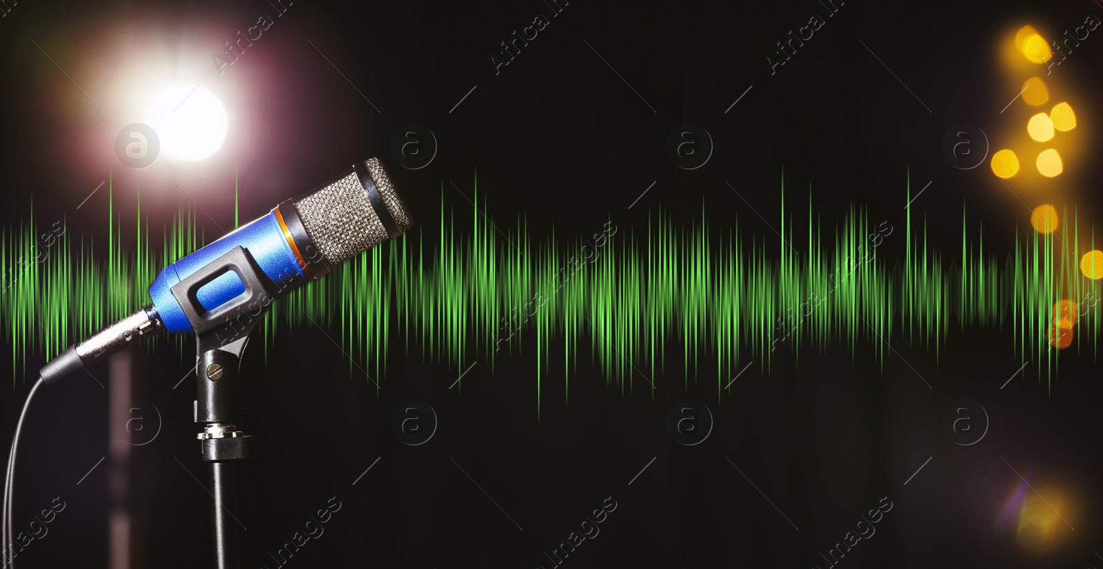 Image of Microphone and radio wave on dark background, bokeh effect. Banner design