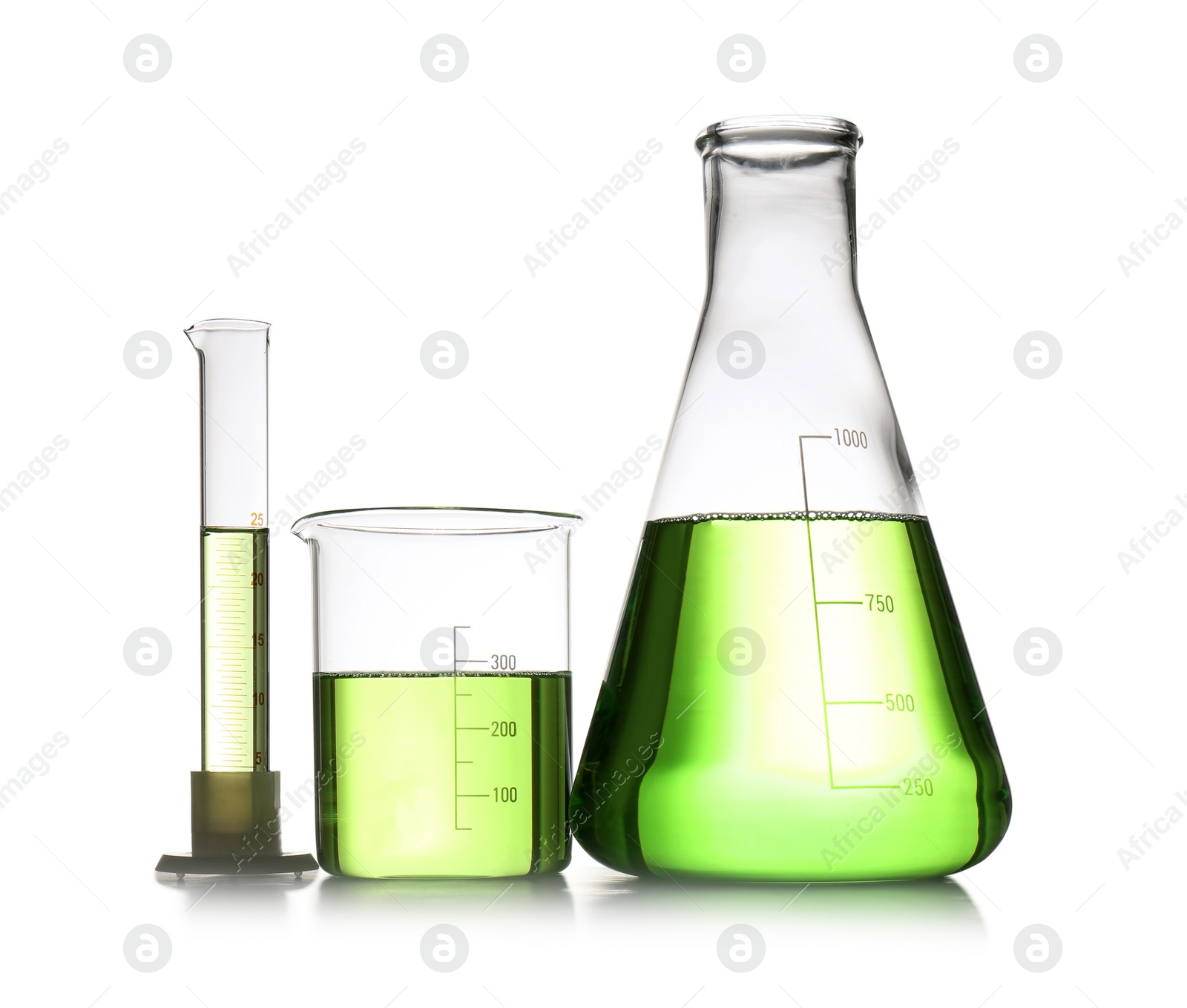 Photo of Chemistry laboratory glassware with samples isolated on white