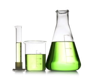 Chemistry laboratory glassware with samples isolated on white