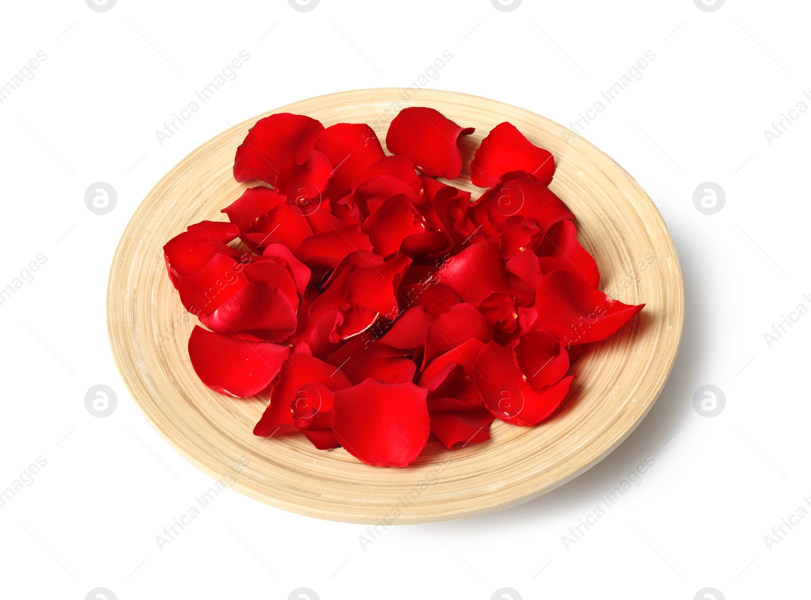 Photo of Wooden plate with rose petals on white background