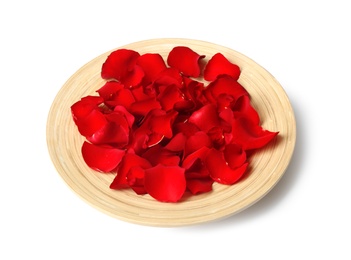 Wooden plate with rose petals on white background