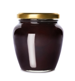 Photo of Glass jar with pickled plum isolated on white