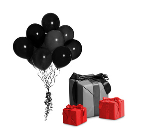 Black Friday concept. Bunch of balloons and boxes on white background