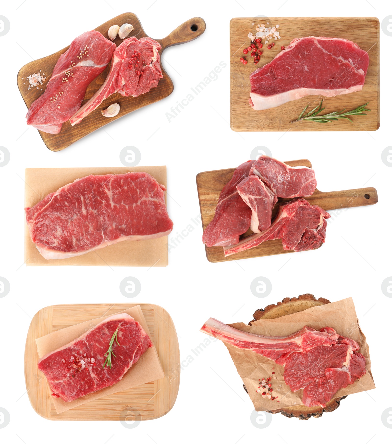 Image of Set of raw beef steaks isolated on white, top view