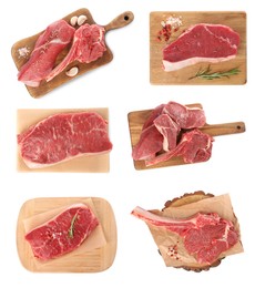 Image of Set of raw beef steaks isolated on white, top view