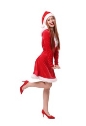 Photo of Young woman in red dress and Santa hat on white background. Christmas celebration