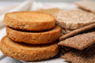 Rye crispbreads, rice cakes and rusks, closeup