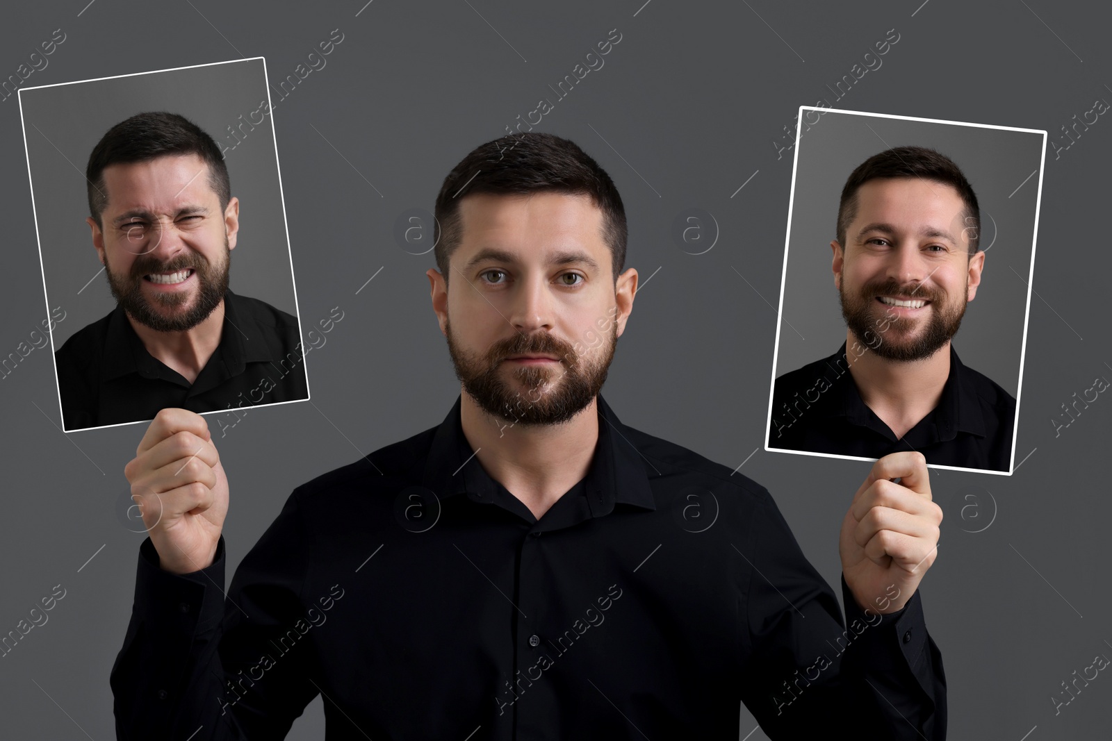 Image of Man holding his photo portraits showing different emotions on grey background. Balanced personality