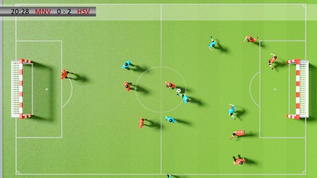 Illustration of Sports video game, illustration. Football players on field, top view
