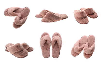 Image of Collage with fluffy slippers on white background