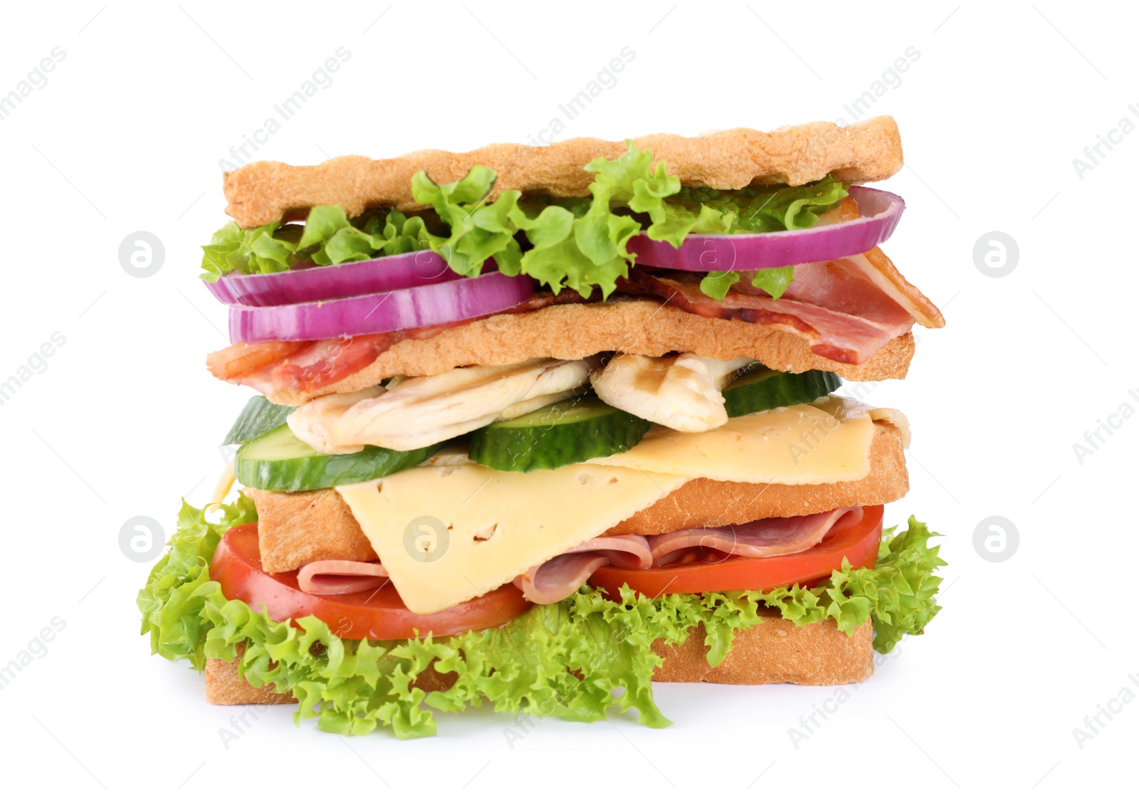 Photo of Tasty sandwich with chicken, ham and bacon isolated on white